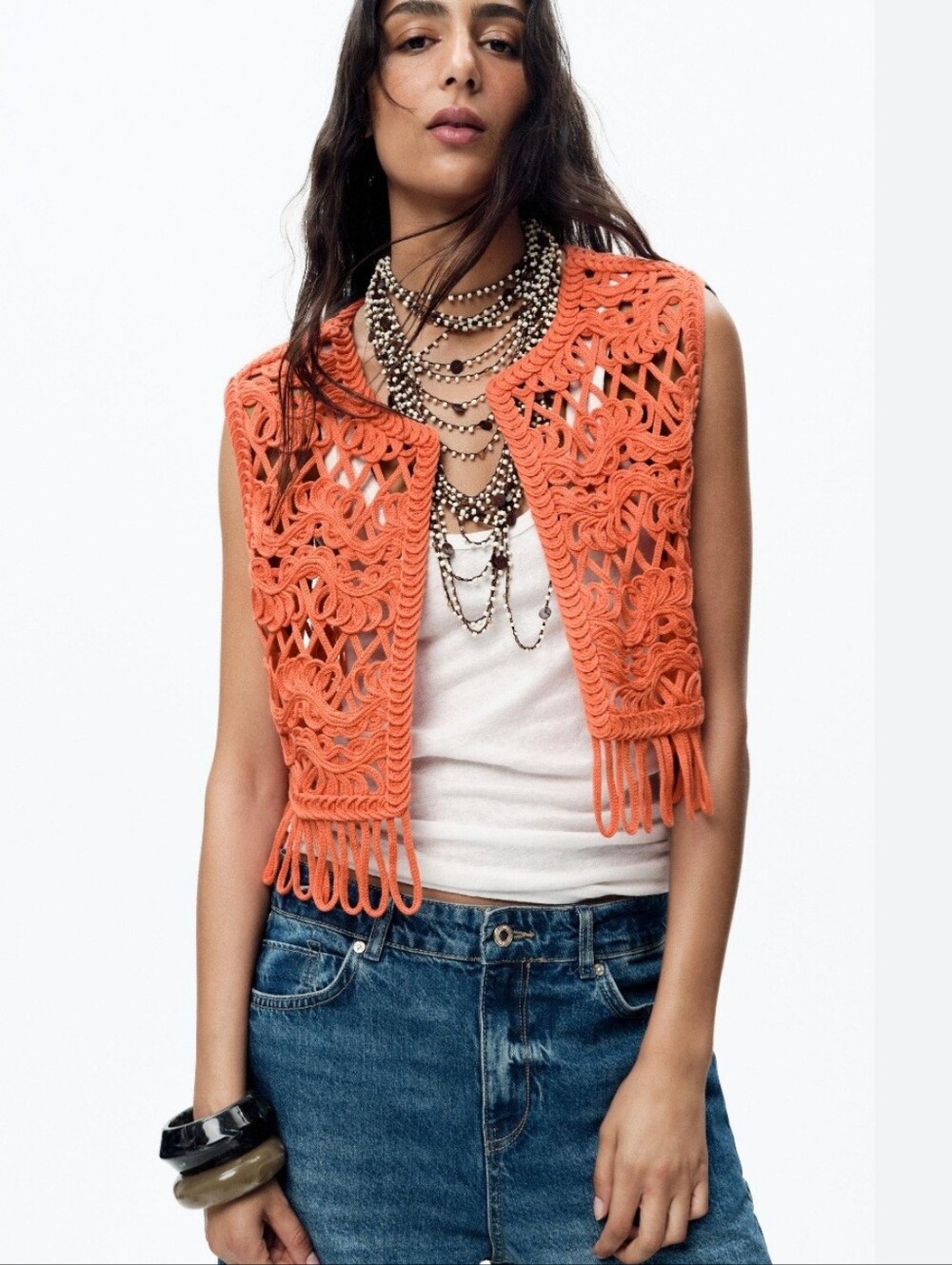 Zara Orange Knit Fringe Vest Small